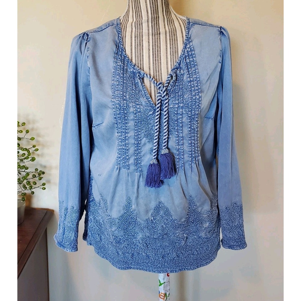 Soft Surroundings Chambray Tunic Top‎ Light Blue Tassels Embroidered Sz PS